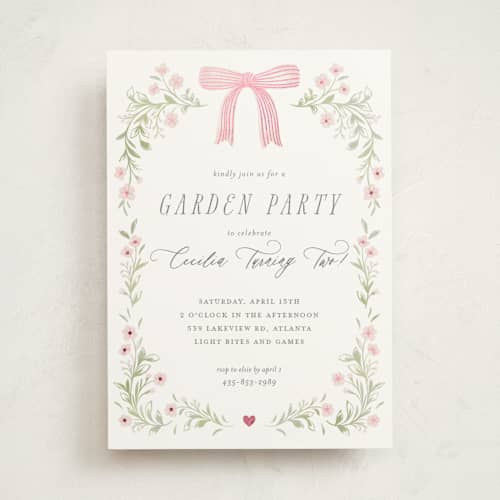 This is a blush kids birthday invitations with foil pressed by Paper Raven Co. called dainty garden printing on signature in standard