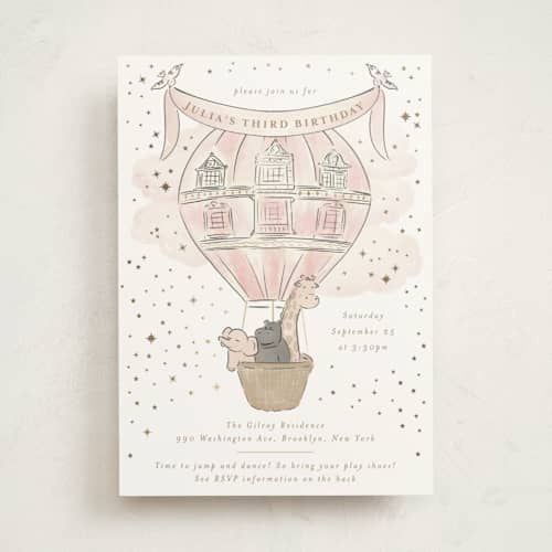 This is a cotton kids birthday invitations with foil pressed by Jenna Holcomb called storybook safari printing on signature in standard