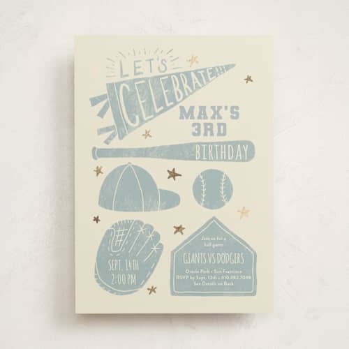 This is a sky kids birthday invitations with foil pressed by Rebekah Canavan called baseball birthday printing on signature in standard