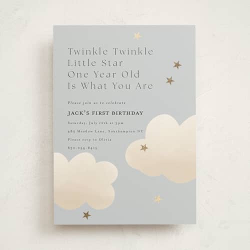 This is a sky kids birthday invitations with foil pressed by Joyce Pinheiro called twinkle twinkle printing on signature in standard