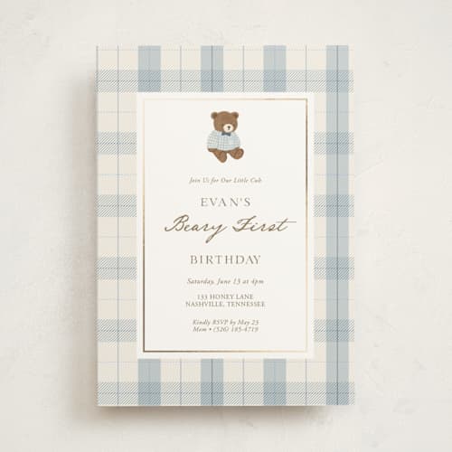 This is a sky kids birthday invitations with foil pressed by Yujin Kim called beary blue birthday printing on signature in standard