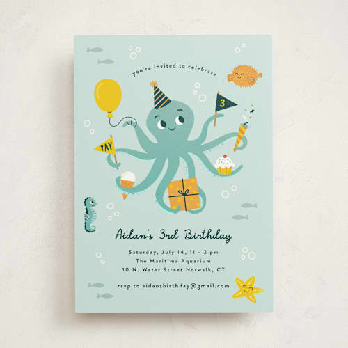This is a sea kids birthday invitations with standard by Annie Holmquist called underwater fun printing on signature in standard