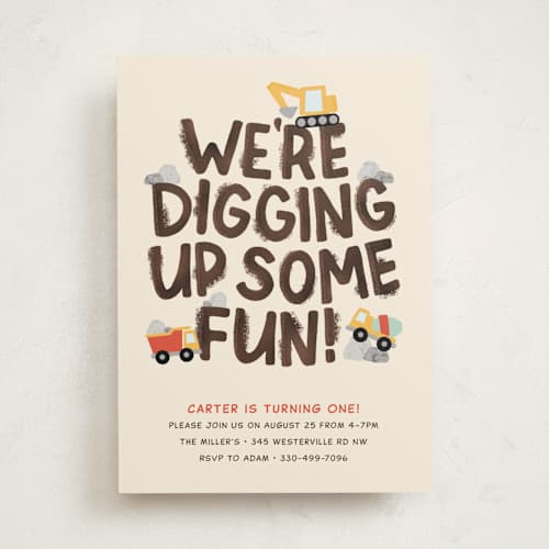 This is a dirt kids birthday invitations with standard by Megan Cash called digging printing on signature in standard