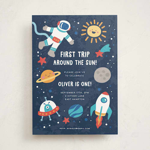 This is a midnight kids birthday invitations with standard by peetie design called space age printing on signature in standard