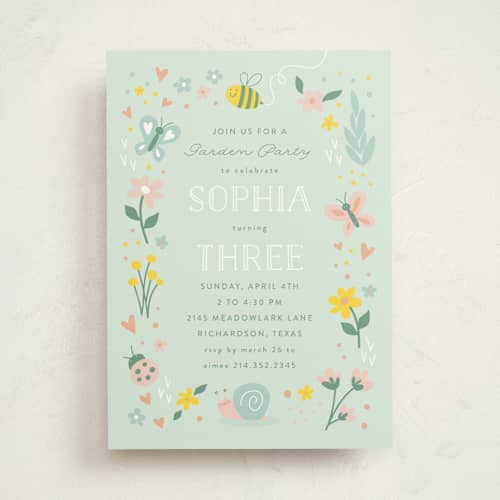 This is a sky kids birthday invitations with standard by Susan Asbill called in the garden printing on signature in standard