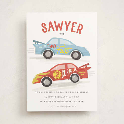 This is a racing red kids birthday invitations with standard by Jessie Steury called two fast printing on signature in standard