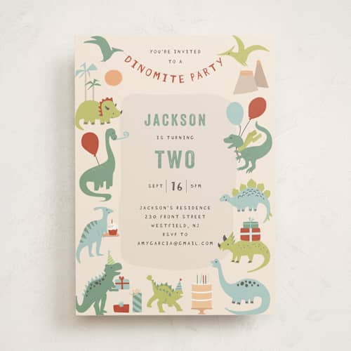 This is a sand kids birthday invitations with standard by Teju Reval called dino party printing on signature in standard