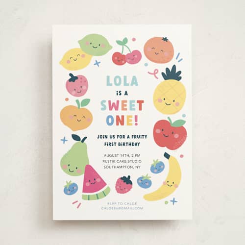This is a fruit punch kids birthday invitations with standard by peetie design called fruit salad printing on signature in standard