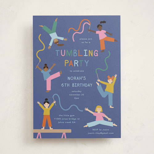 This is a blueberry kids birthday invitations with standard by Kelly Watkins called tumbling party printing on signature in standard