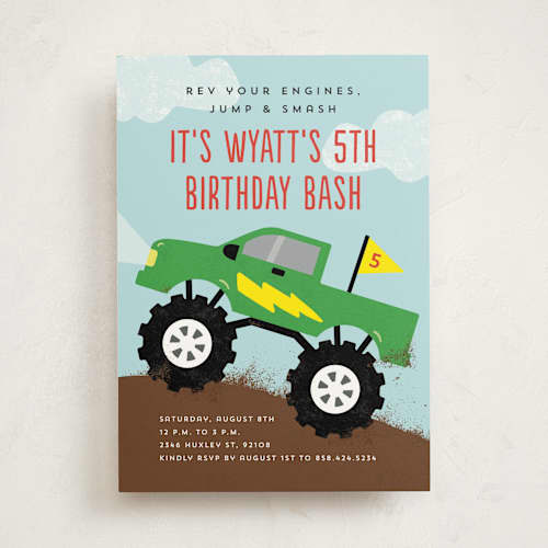 This is a lime kids birthday invitations with standard by Erica Krystek called monster truck printing on signature in standard