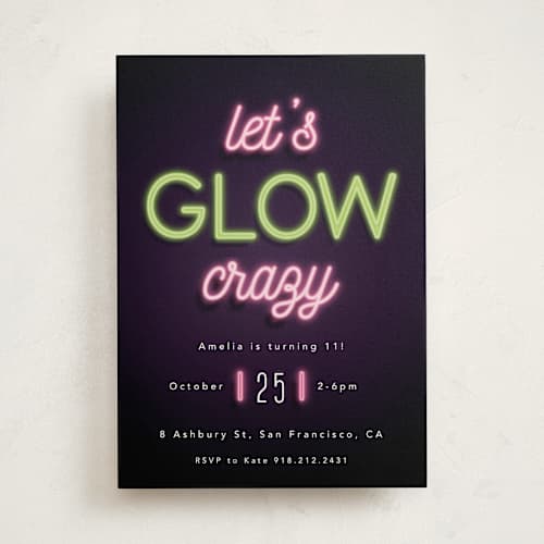 This is a lazer green kids birthday invitations with standard by Hudson meet Rose called glow printing on signature in standard