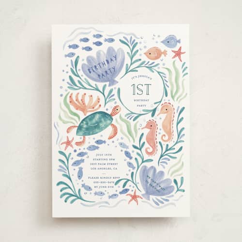 This is a lavender waters kids birthday invitations with standard by Sarah Knight called sea party printing on signature in standard