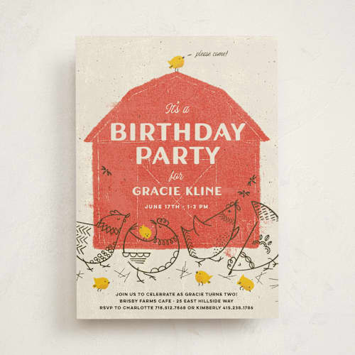 This is a barn kids birthday invitations with standard by Kimberly Morgan called barnyard parade printing on signature in standard