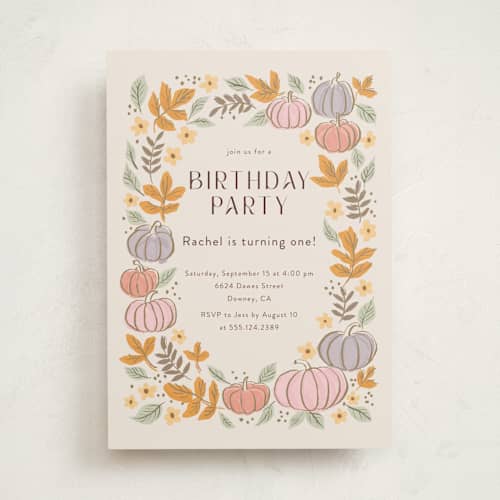 This is a pudding kids birthday invitations with standard by Cass Loh called pastel pumpkins printing on signature in standard