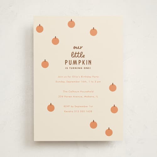 This is a pumpkin kids birthday invitations with standard by Baumbirdy called a little pumpkin printing on signature in standard