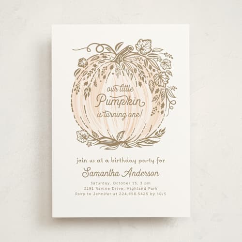 This is a peach kids birthday invitations with standard by Paper Sun Studio called little pumpkin printing on signature in standard