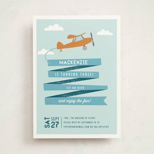 This is a sky kids birthday invitations with standard by Karidy Walker called airplane news stream printing on signature in standard