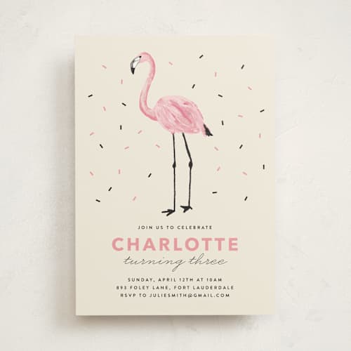 This is a crepe kids birthday invitations with standard by Cass Loh called flamingo sprinkles printing on signature in standard