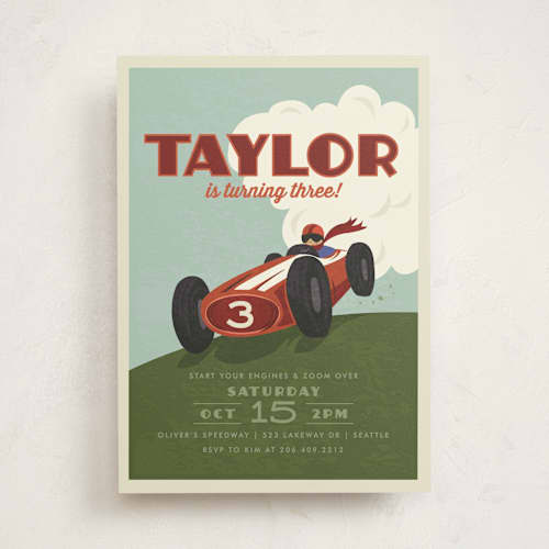 This is a maroon kids birthday invitations with standard by Karidy Walker called start your engines printing on signature in standard
