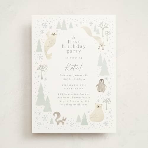 This is a seafoam kids birthday invitations with standard by Jennifer Wick called arctic friends printing on signature in standard