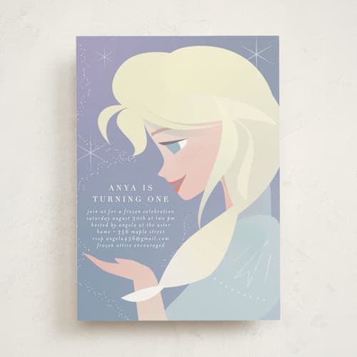 This is a frost kids birthday invitations with standard by Lori Wemple called disney's elsa the snow queen printing on signature in standard