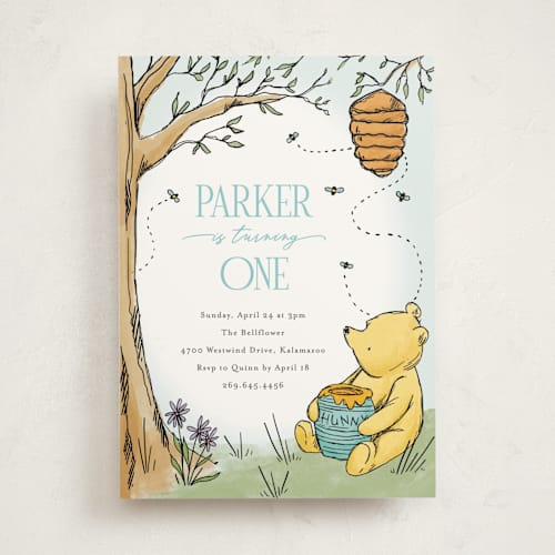 This is a sky kids birthday invitations with standard by Pixel and Hank called disney's pooh forest scene printing on signature in standard
