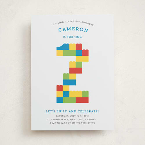 This is a cobalt kids birthday invitations with standard by Belia Simm called master builders party printing on signature in standard
