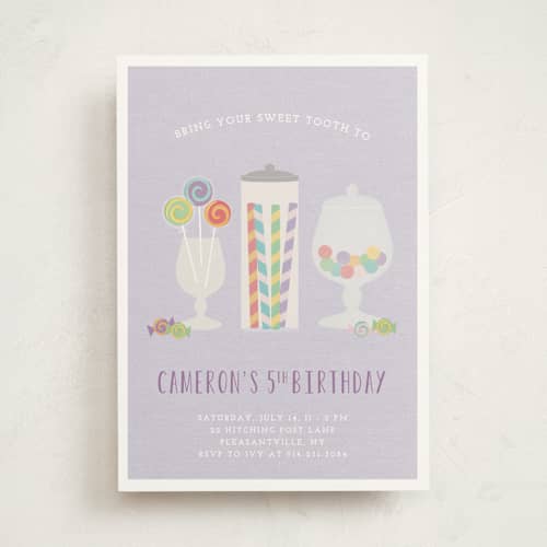 This is a lavender kids birthday invitations with standard by Annie Holmquist called candy shoppe printing on signature in standard