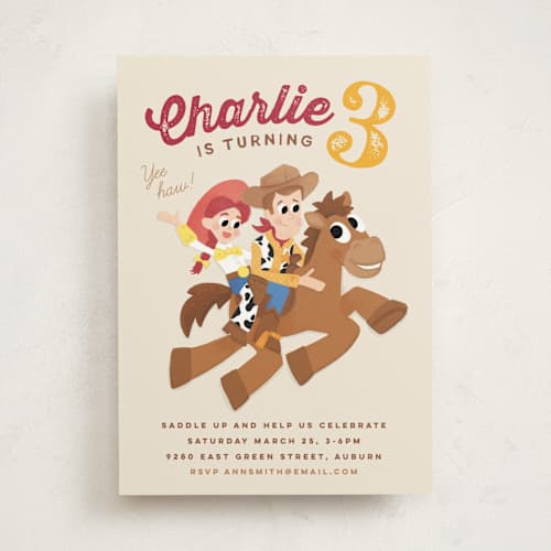 This is a vanilla kids birthday invitations with standard by Jessie Steury called disney and pixar's cowboy friends printing on signature in standard