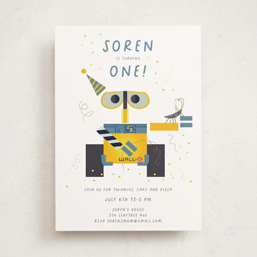 This is a pearl kids birthday invitations with standard by Ani Somi called disney and pixar's wall-e and hal printing on signature in standard