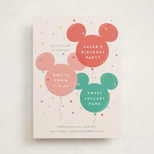 This is a berry kids birthday invitations with standard by chocomocacino called disney's mickey mouse balloon trio printing on signature in standard