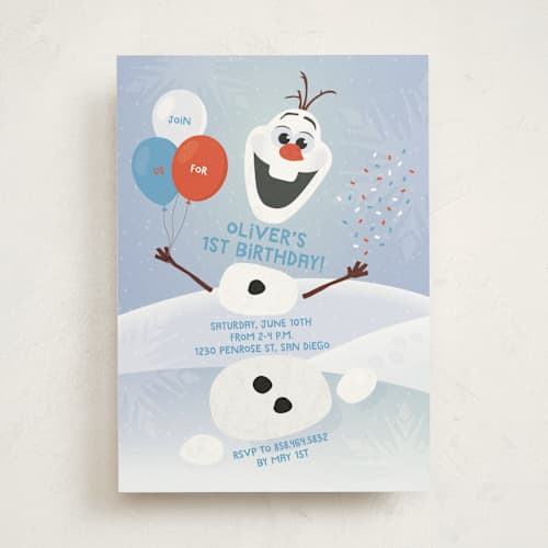 This is a periwinkle kids birthday invitations with standard by Erica Krystek called disney's olaf to party printing on signature in standard