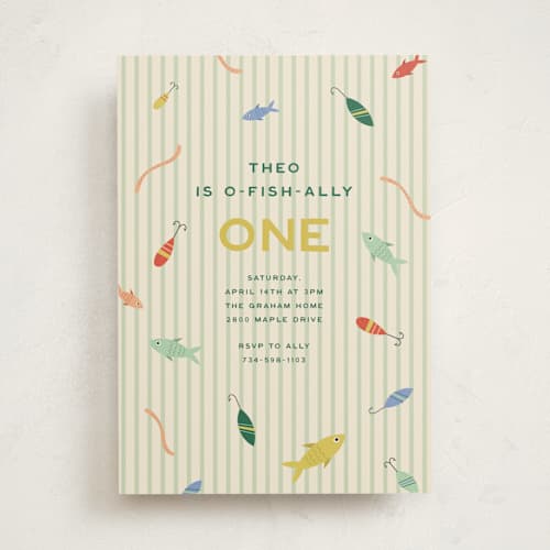 This is a mint kids birthday invitations with standard by Ellen Schlegelmilch called o-fish-ally! printing on signature in standard