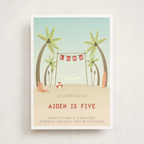 This is a red balloon kids birthday invitations with standard by Grace Kreinbrink called beach luau printing on signature in standard