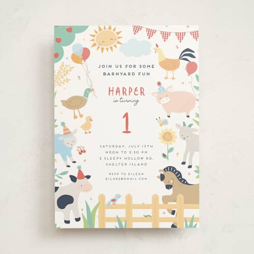 This is a barn kids birthday invitations with standard by peetie design called barnyard fun printing on signature in standard