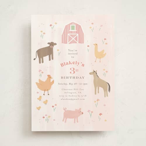 This is a strawberry kids birthday invitations with standard by Jennifer Wick called storybook farm printing on signature in standard