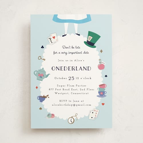 This is a sky kids birthday invitations with standard by Annie Holmquist called disney's alice in wonderland birthday printing on signature in standard