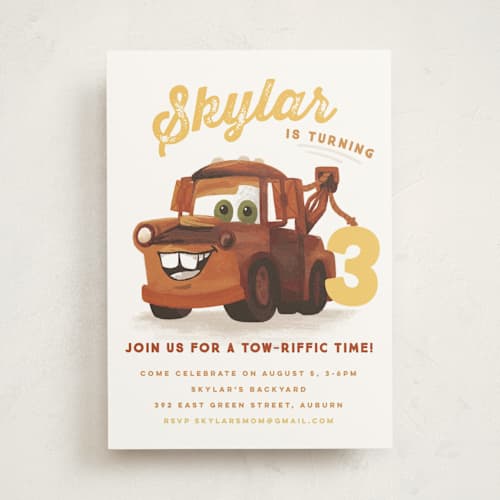 This is a pearl kids birthday invitations with standard by Jessie Steury called disney and pixar's tow-riffic mater printing on signature in standard