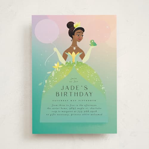 This is a spearmint kids birthday invitations with standard by Lori Wemple called tiana from disney's the princess and the frog printing on signature in standard