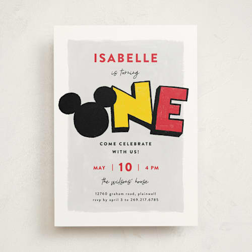 This is a traditional kids birthday invitations with standard by Pixel and Hank called a disney mickey party printing on signature in standard