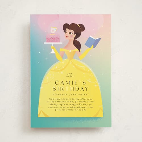 This is a teal kids birthday invitations with standard by Lori Wemple called belle from disney's beauty and the beast printing on signature in standard