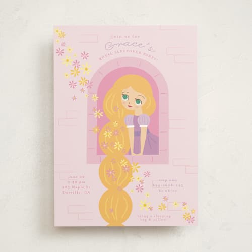 This is a strawberry kids birthday invitations with standard by Angela Thompson called disney's rapunzel tower printing on signature in standard
