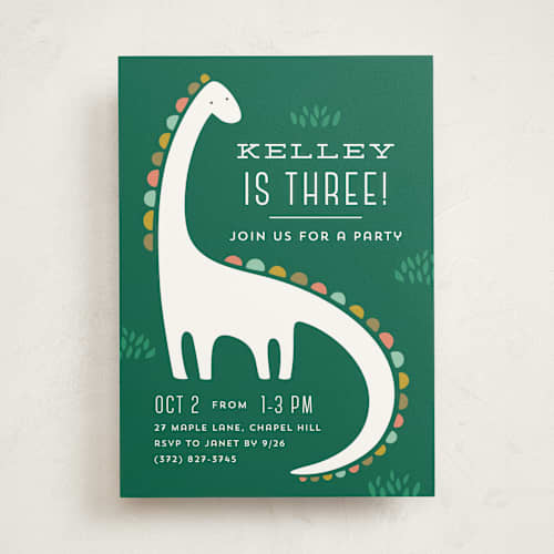 This is a palm kids birthday invitations with standard by Laura Hankins called dinotastic printing on signature in standard