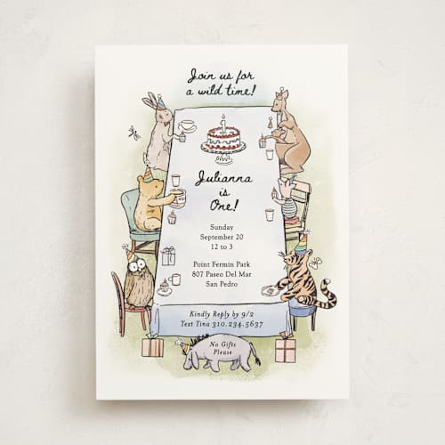 This is a mist kids birthday invitations with standard by Becky Nimoy called disney's pooh and friends party table printing on signature in standard