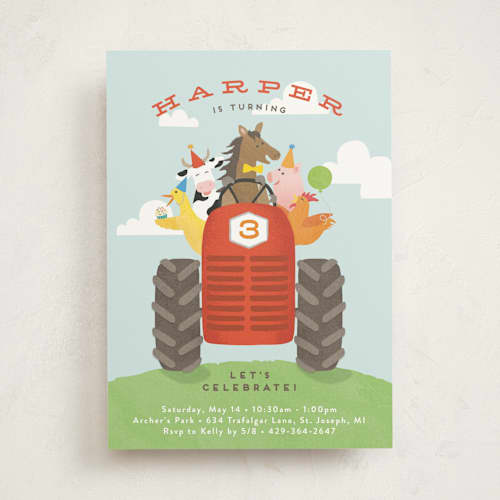 This is a robin’s egg kids birthday invitations with standard by Jennifer Wick called farm animal friends printing on signature in standard