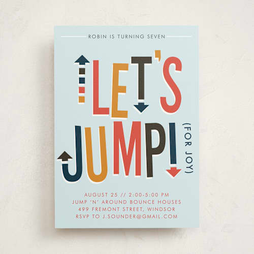 This is a sky kids birthday invitations with standard by Ellis called jump house printing on signature in standard