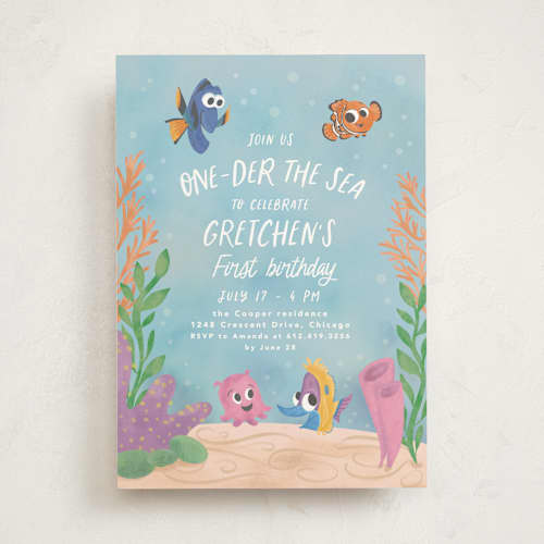 This is a aqua kids birthday invitations with standard by Creo Study called disney and pixar’s finding nemo’s one-der the sea party printing on signature in standard