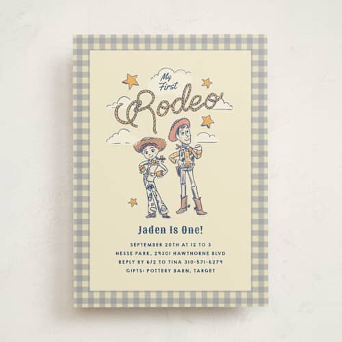 This is a bluebell kids birthday invitations with standard by Becky Nimoy called disney and pixar's woody and jessie toy story 2 rodeo printing on signature in standard