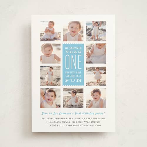 This is a sky kids birthday invitations with standard by Carolyn MacLaren called we survived year one printing on signature in standard