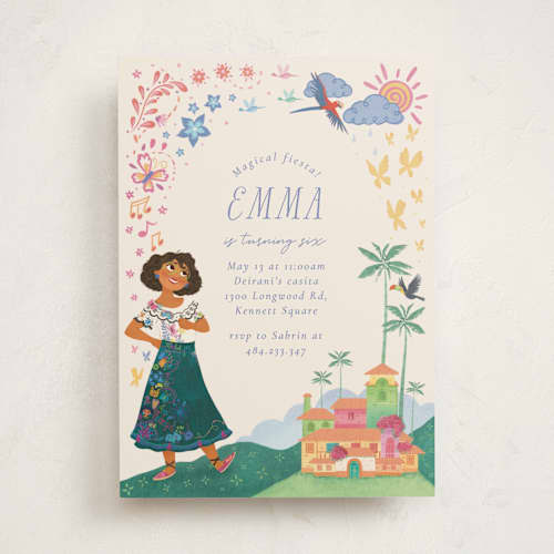 This is a vanilla kids birthday invitations with standard by Sabrin Deirani called magical fiesta printing on signature in standard